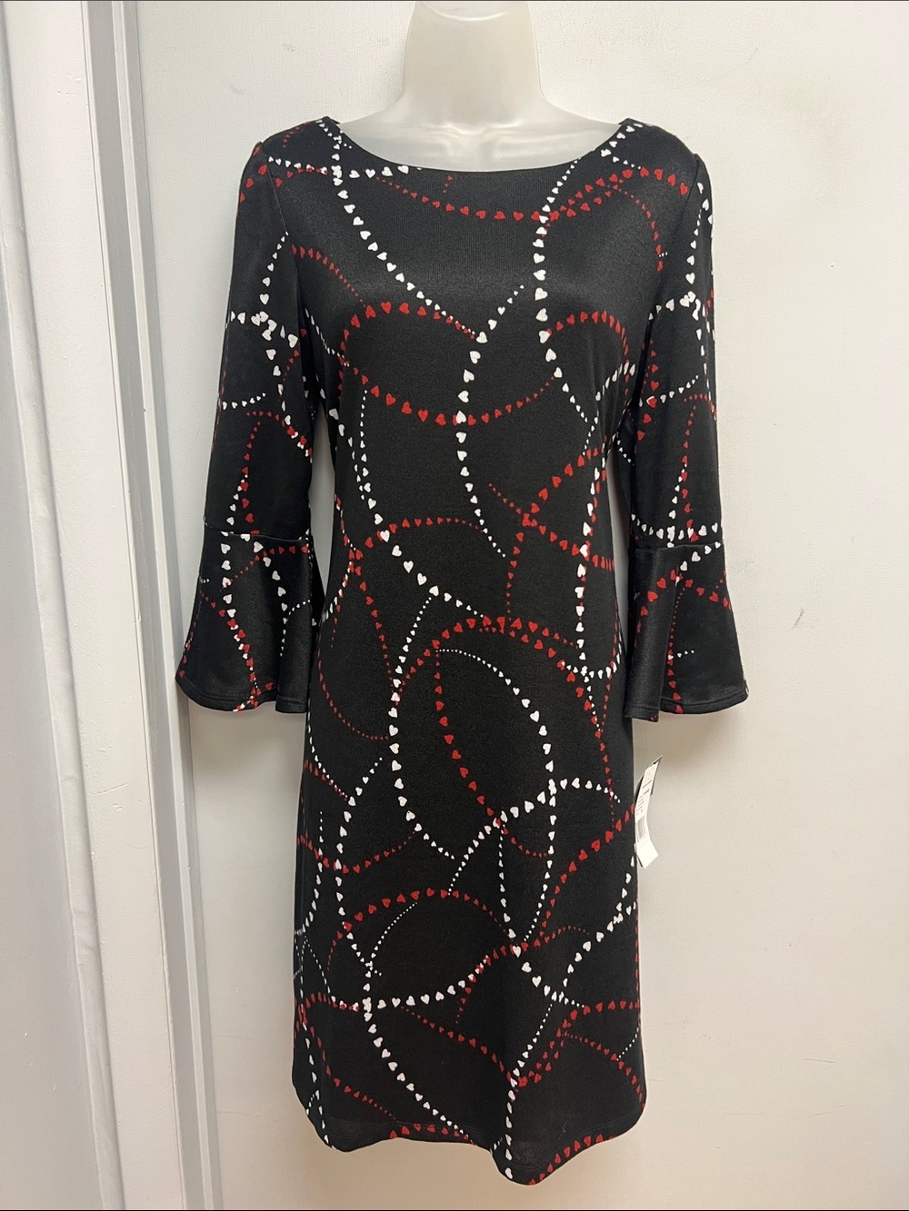 Sandra Darren Black Red & White Bell Sleeve Shift Dress Size Small NWT